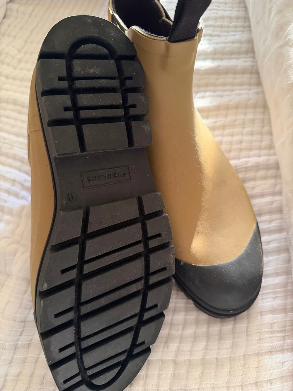 Everlane Two-Tone Chelsea Rain Booties in Tan and Black